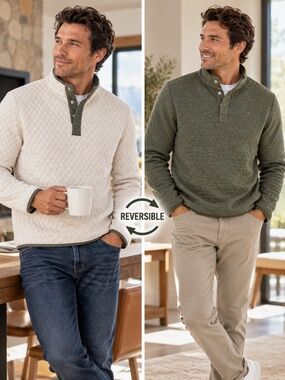 Marine Layer Corbet Reversible Quilted Snap Pullover Oatmeal Olive M